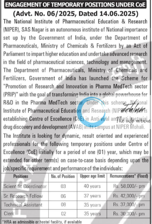 NATIONAL INSTITUTE OF PHARMACEUTICAL EDUCATION AND RESEARCH NIPER RECRUITMENT ADVT NOTIFICATION NO 06/2025