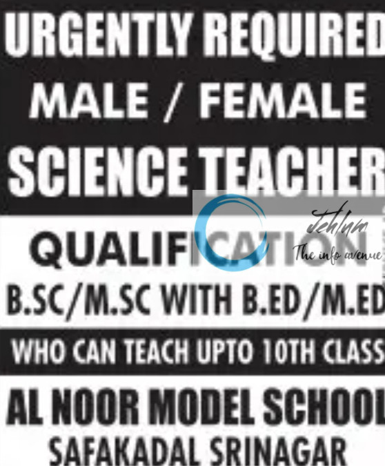 AL NOOR MODEL SCHOOL SRINAGAR JOBS OPENING 2025
