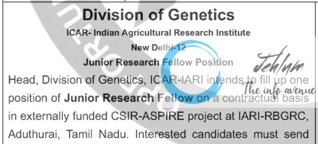ICAR IARI DIVISION OF GENETICS JRF RECRUITMENT ADVT NOTIFICATION 2025