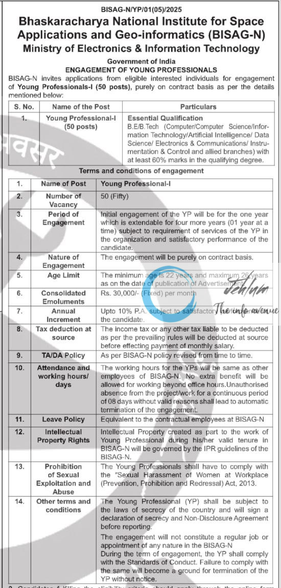 BHASKARACHARYA NATIONAL INSTITUTE FOR SPACE APPLICATIONS AND GEO INFORMATICS YOUNG PROFESSIONAL RECRUITMENT ADVT NOTIFICATION NO BISAG-N/YP/01-05/2025