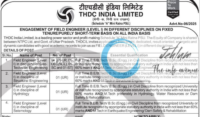 THDC INDIA LIMITED THDCIL FIELD ENGINEER RECRUITMENT ADVT NOTIFICATION NO 06/2025