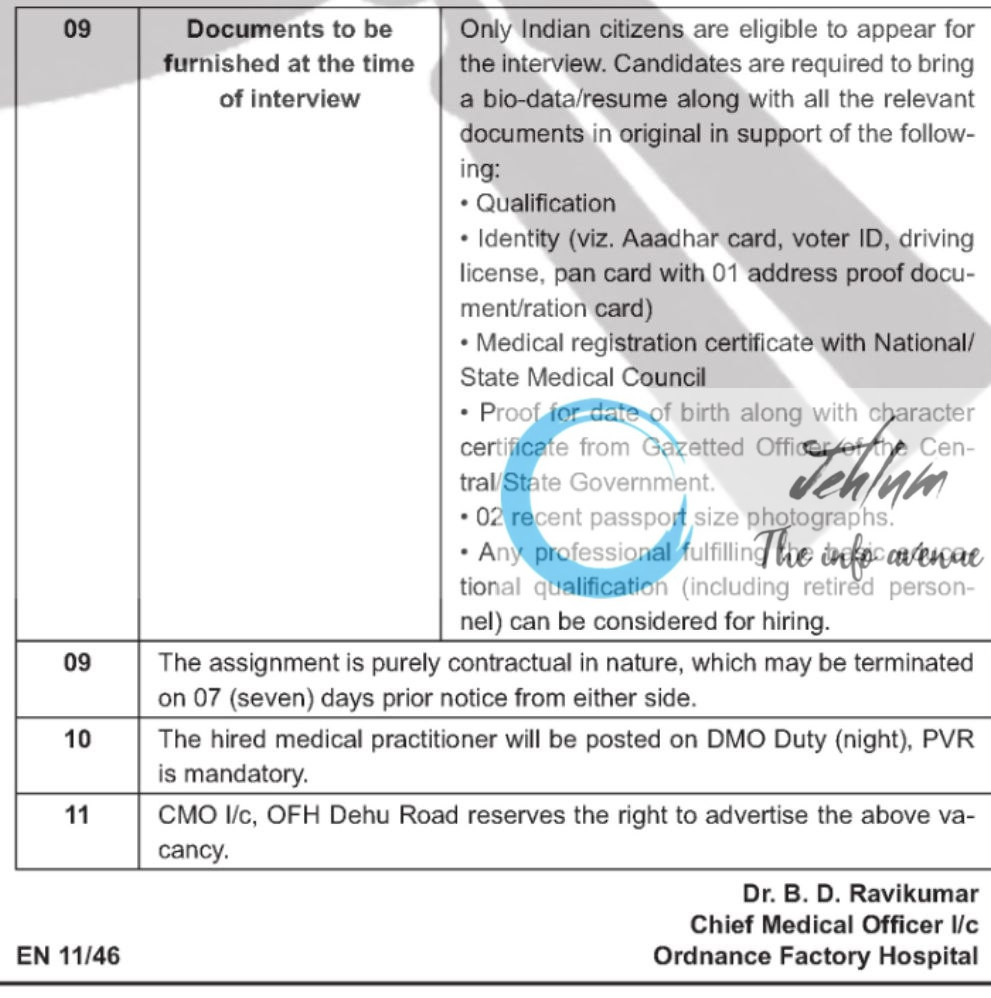 ORDNANCE FACTORY HOSPITAL PUNE MBBS DOCTOR RECRUITMENT ADVT NOTIFICATION 2025