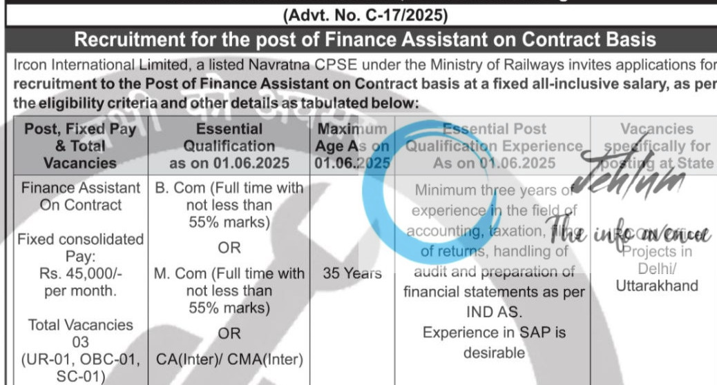 IRCON INTERNATIONAL LIMITED FINANCE ASSISTANT RECRUITMENT ADVT NOTIFICATION NO C-17/2025
