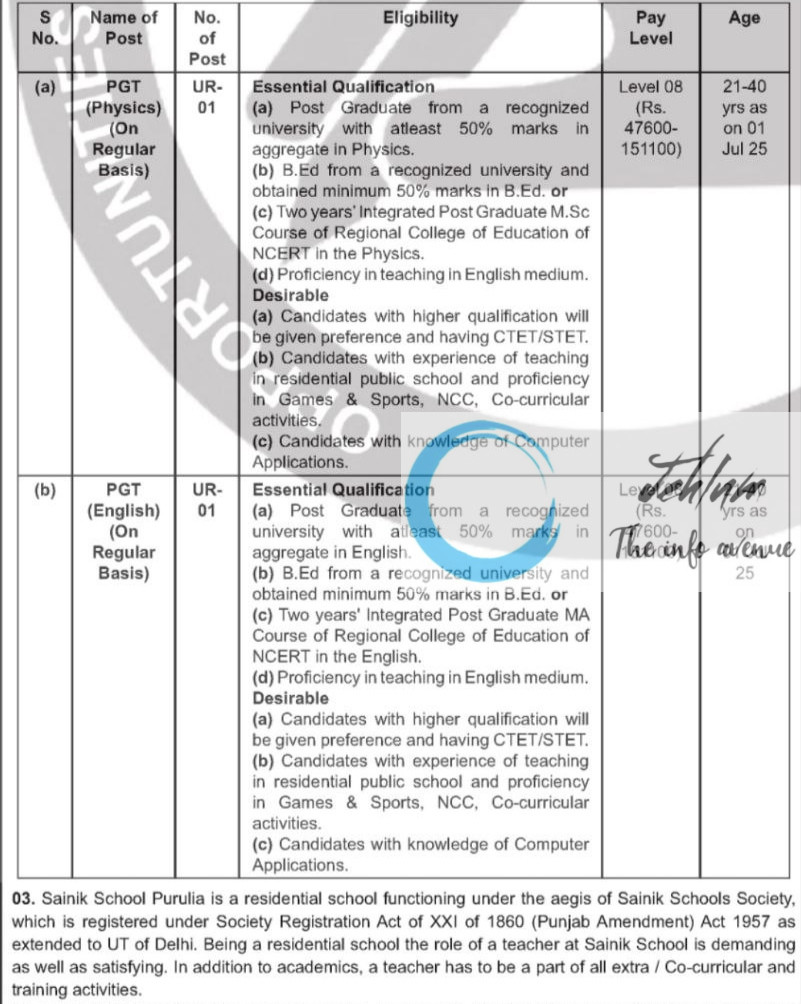 SAINIK SCHOOL PURULIA FACULTY RECRUITMENT ADVT NOTIFICATION 2025