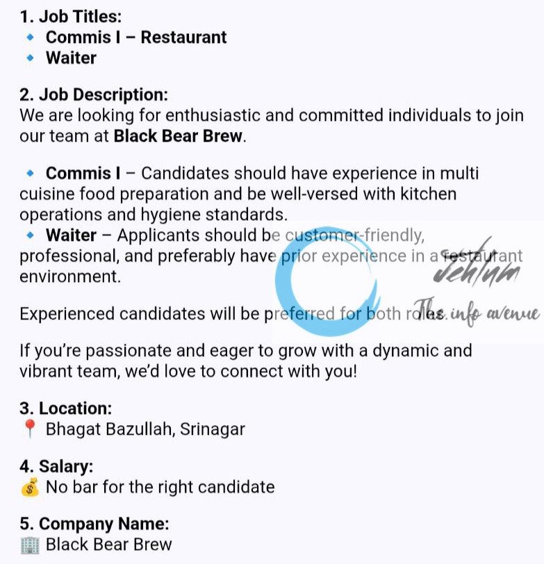 BLACK BEAR BREW SRINAGAR WAITER JOBS OPENING 2025