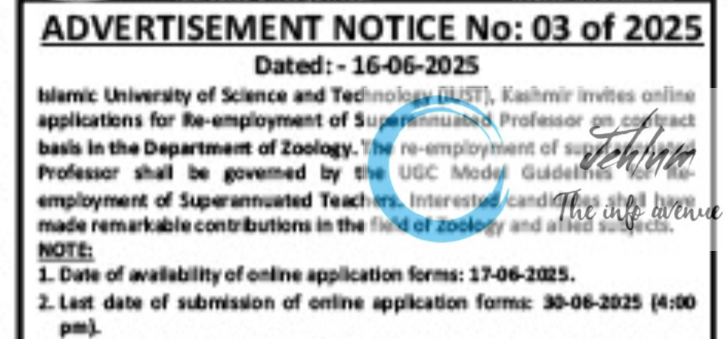 IUST DEPARTMENT OF ZOOLOGY PROFESSOR RECRUITMENT ADVT NOTIFICATION NO 03 of 2025