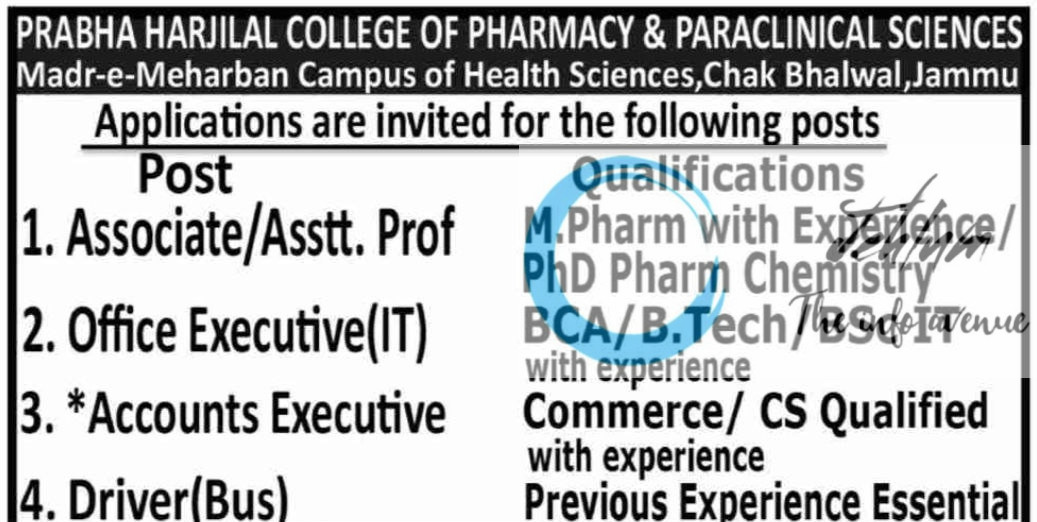 PRABHA HARJILAL COLLEGE OF PHARMACY AND PARACLINICAL SCIENCES JAMMU RECRUITMENT ADVT NOTIFICATION 2025