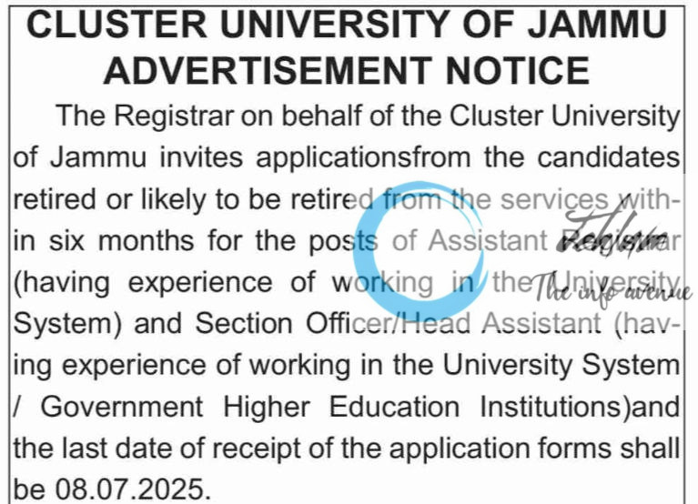 CLUSTER UNIVERSITY OF JAMMU CLU RECRUITMENT ADVT NOTIFICATION 2025