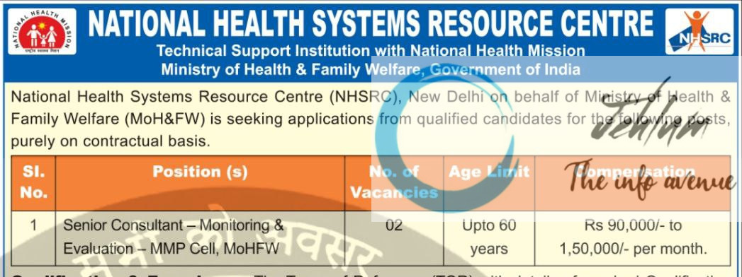 NATIONAL HEALTH SYSTEMS RESOURCE CENTRE NHSRC COUNSULTANT RECRUITMENT ADVT NOTIFICATION 2025