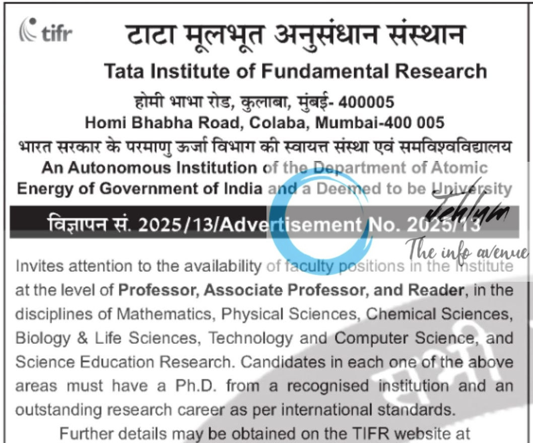 TATA INSTITUTE OF FUNDAMENTAL RESEARCH TIFR FACULTY RECRUITMENT ADVT NOTIFICATION NO 2025/13