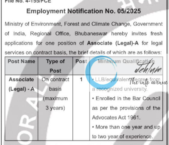 MINISTRY OF ENVIRONMENT FOREST AND CLIMATE CHANGE ASSOCIATE LEGAL A RECRUITMENT ADVT NOTIFICATION NO 05/2025