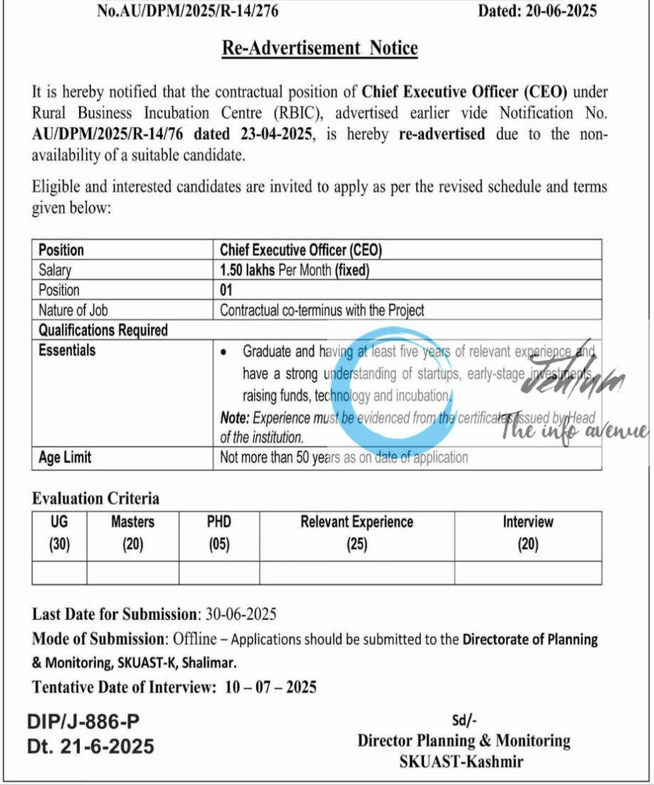 SKUAST K RURAL BUSINESS INCUBATION CENTRE RBIC CEO RECRUITMENT ADVT NOTIFICATION NO AU/DPM/2025/R-14/76