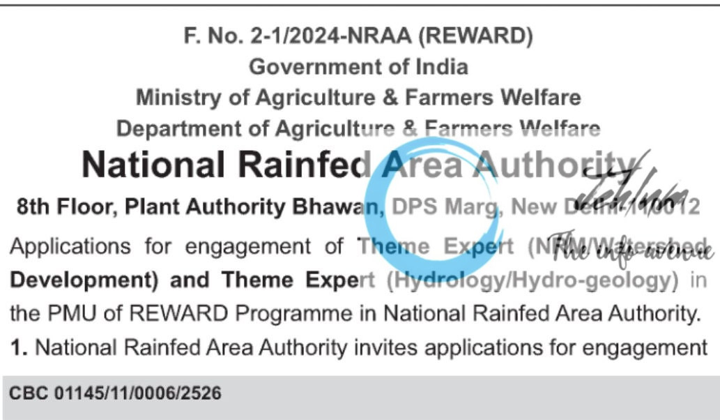 NATIONAL RAINFED AREA AUTHORITY THEME EXPERT RECRUITMENT ADVT NOTIFICATION NO 2-1/2024-NRAA