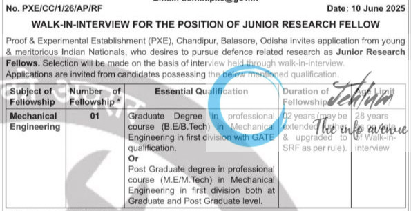 DRDO PROOF AND EXPERIMENTAL ESTABLISHMENT JRF RECRUITMENT ADVT NOTIFICATION NO PXE/CC/1/26/AP/RF