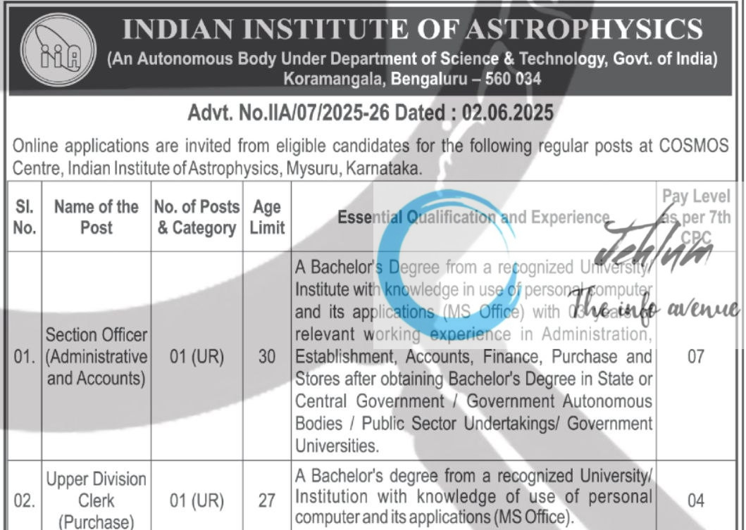INDIAN INSTITUTE OF ASTROPHYSICS RECRUITMENT ADVT NOTIFICATION NO IIA/07/2025-26