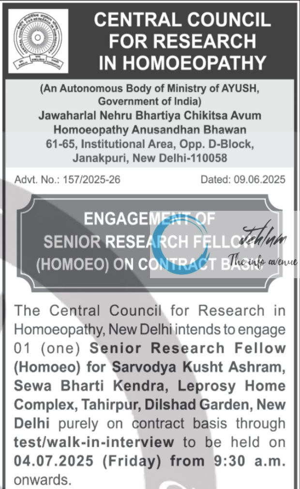 CENTRAL COUNCIL FOR RESEARCH IN HOMOEOPATHY CCRH SRF RECRUITMENT ADVT NOTIFICATION NO 157/2025-26