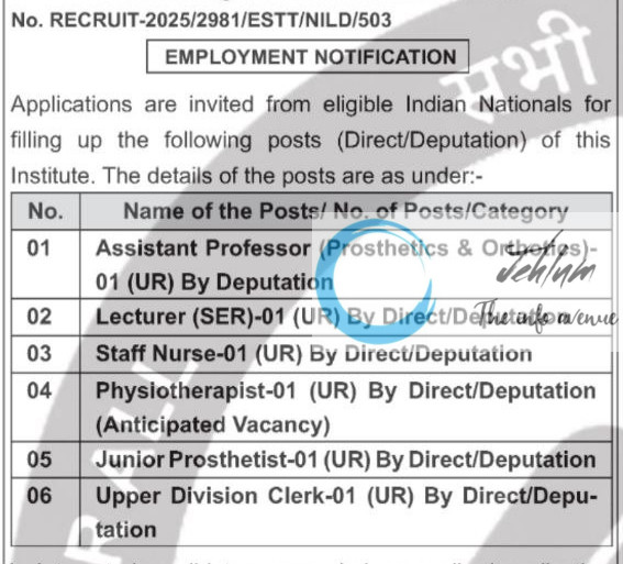 NATIONAL INSTITUTE FOR LOCOMOTOR DISABILITIES RECRUITMENT ADVT NOTIFICATION NO RECRUIT-2025/2981/ESTT/NILD/503