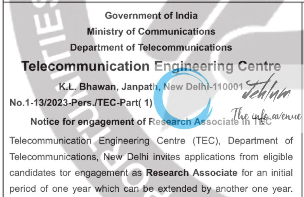 TELECOMMUNICATION ENGINEERING CENTRE RESEARCH ASSOCIATE RECRUITMENT ADVT NOTIFICATION NO 1-13/2023-Pers/TEC-Part-1