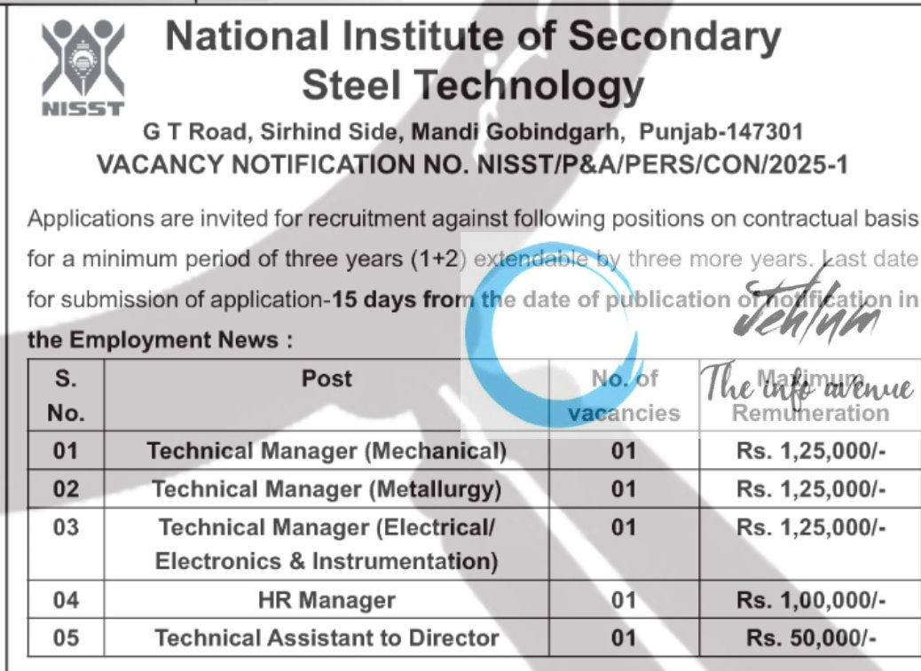NATIONAL INSTITUTE OF SECONDARY STEEL TECHNOLOGY RECRUITMENT ADVT NOTIFICATION NO NISST/P&A/PERS/CON/2025-1 NATIONAL INSTITUTE OF SECONDARY STEEL TECHNOLOGY RECRUITMENT ADVT NOTIFICATION NO NISST/P&A/PERS/CON/2025-1