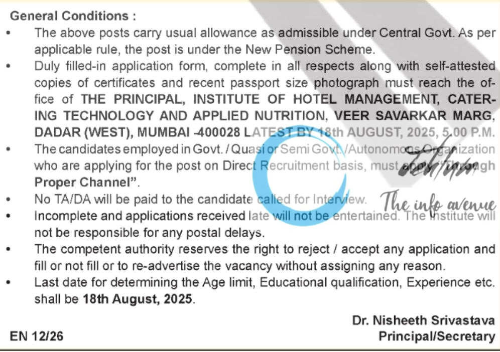 INSTITUTE OF HOTEL MANAGEMENT CATERING TECHNOLOGY AND APPLIED NUTRITION IHMCTAN PRINCIPAL RECRUITMENT ADVT NOTIFICATION 2025