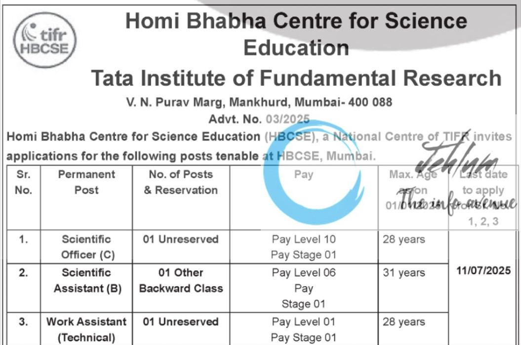 HOMI BHABHA CENTRE FOR SCIENCE EDUCATION HBCSE RECRUITMENT ADVT NOTIFICATION NO 03/2025