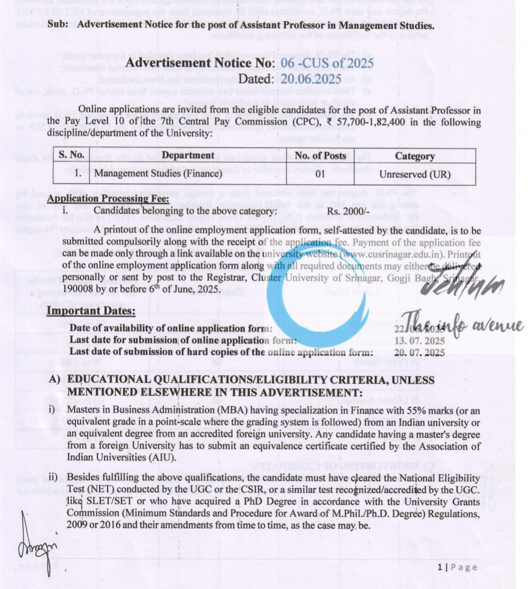 CLUSTER UNIVERSITY OF SRINAGAR AP RECRUITMENT ADVT NOTIFICATION NO 06-CUS of 2025