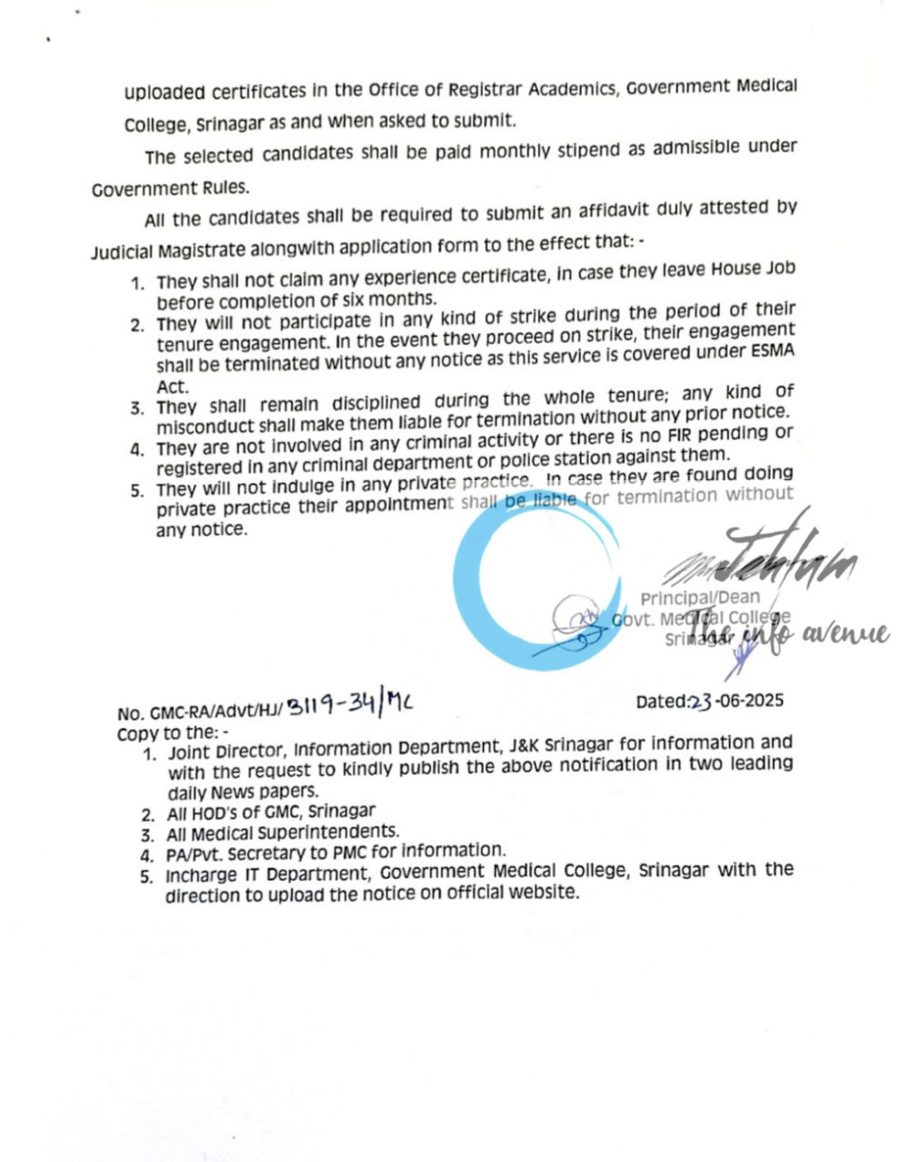 GOVERNMENT MEDICAL COLLEGE GMC SRINAGAR HOUSE SURGEONS RECRUITMENT ADVT NOTIFICATION NO 09 OF 2025