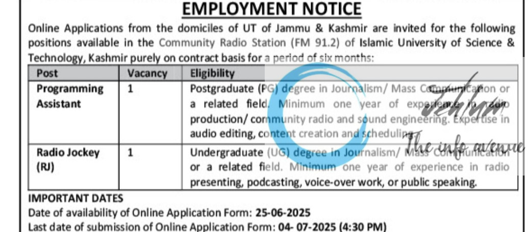 ISLAMIC UNIVERSITY OF SCIENCE AND TECHNOLOGY IUST AWANTIPORA RECRUITMENT ADVT NOTIFICATION NO IUST/CRS/ADV/DJMC/25/166