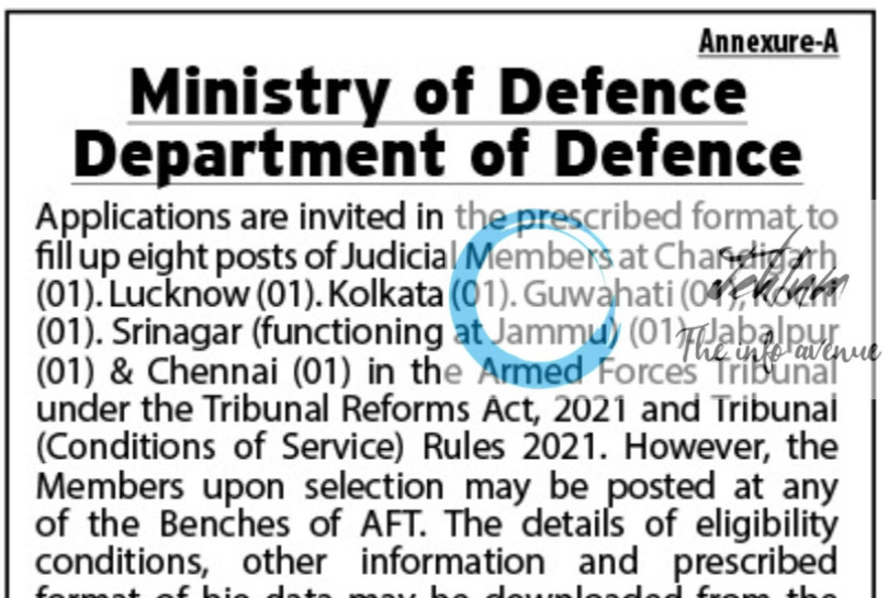 MINISTRY OF DEFENCE DEPARTMENT OF DEFENCE JUDICIAL MEMBERS RECRUITMENT ADVT NOTIFICATION 2025
