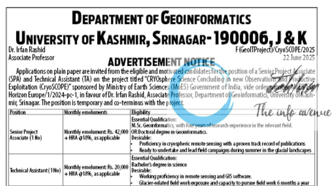 KU DEPARTMENT OF GEOINFORMATICS RECRUITMENT ADVT NOTIFICATION 2025