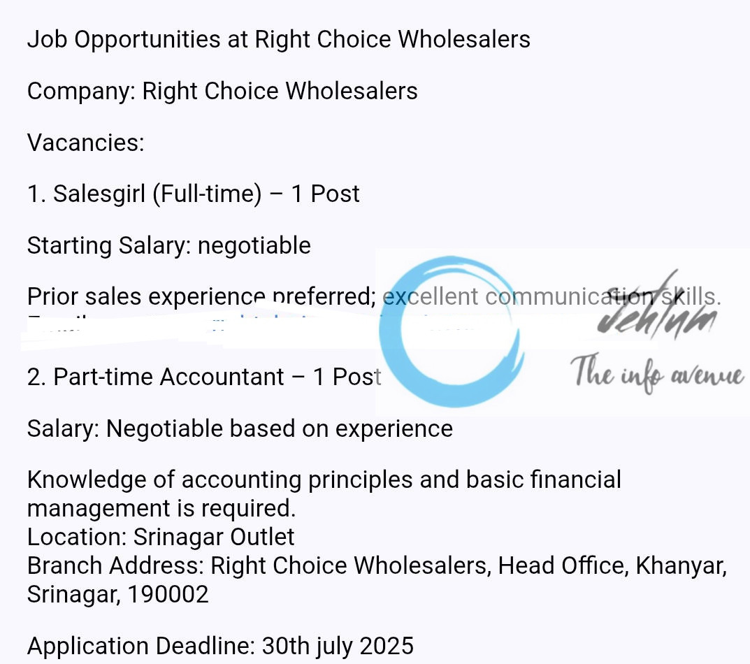 RIGHT CHOICE WHOLESALERS SRINAGAR JOBS OPENING 2025