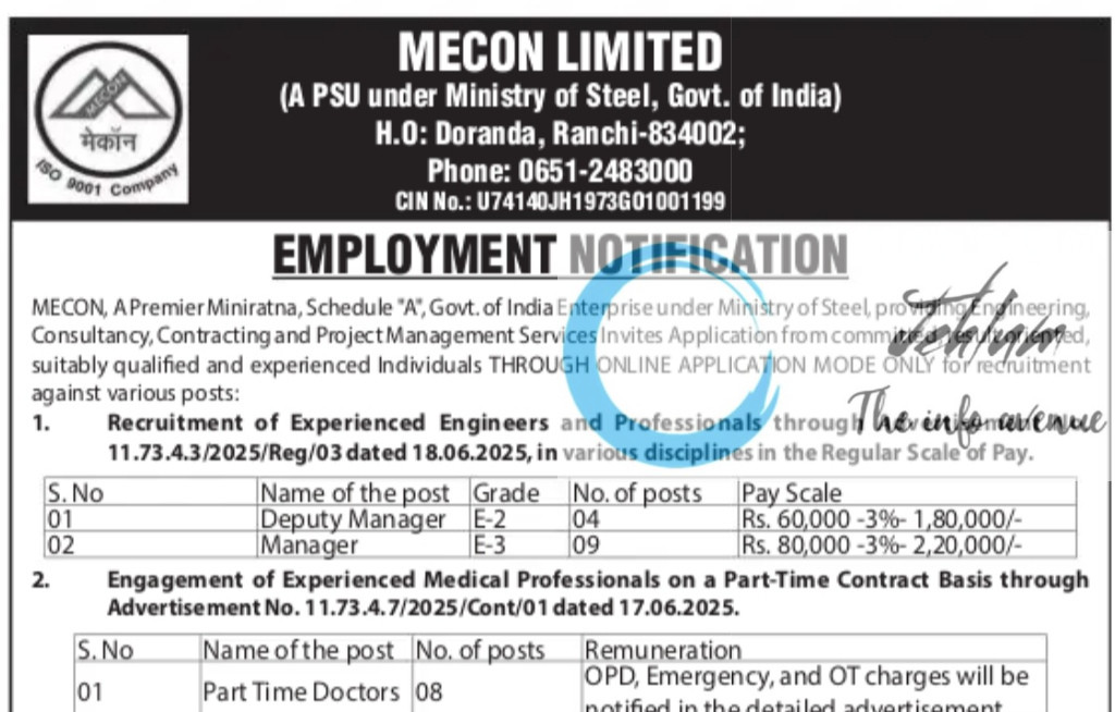 MECON LIMITED RECRUITMENT ADVT NOTIFICATION NO 11/73/4/3/7/2025