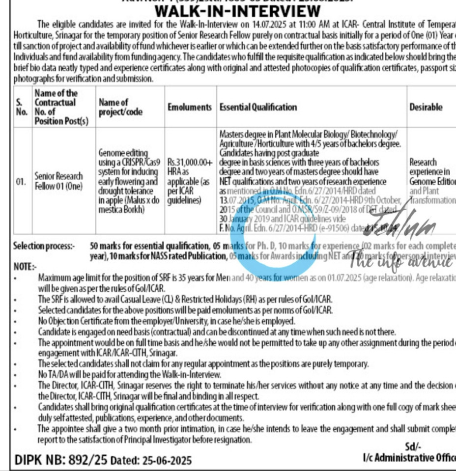 ICAR CENTRAL INSTITUTE OF TEMPERATE HORTICULTURE CITH SRINAGAR SRF RECRUITMENT ADVT NOTIFICATION NO 1-1-339-Estt/1603-05 ICAR CENTRAL INSTITUTE OF TEMPERATE HORTICULTURE CITH SRF RECRUITMENT ADVT NOTIFICATION NO 1-1-339-Estt/1603-05