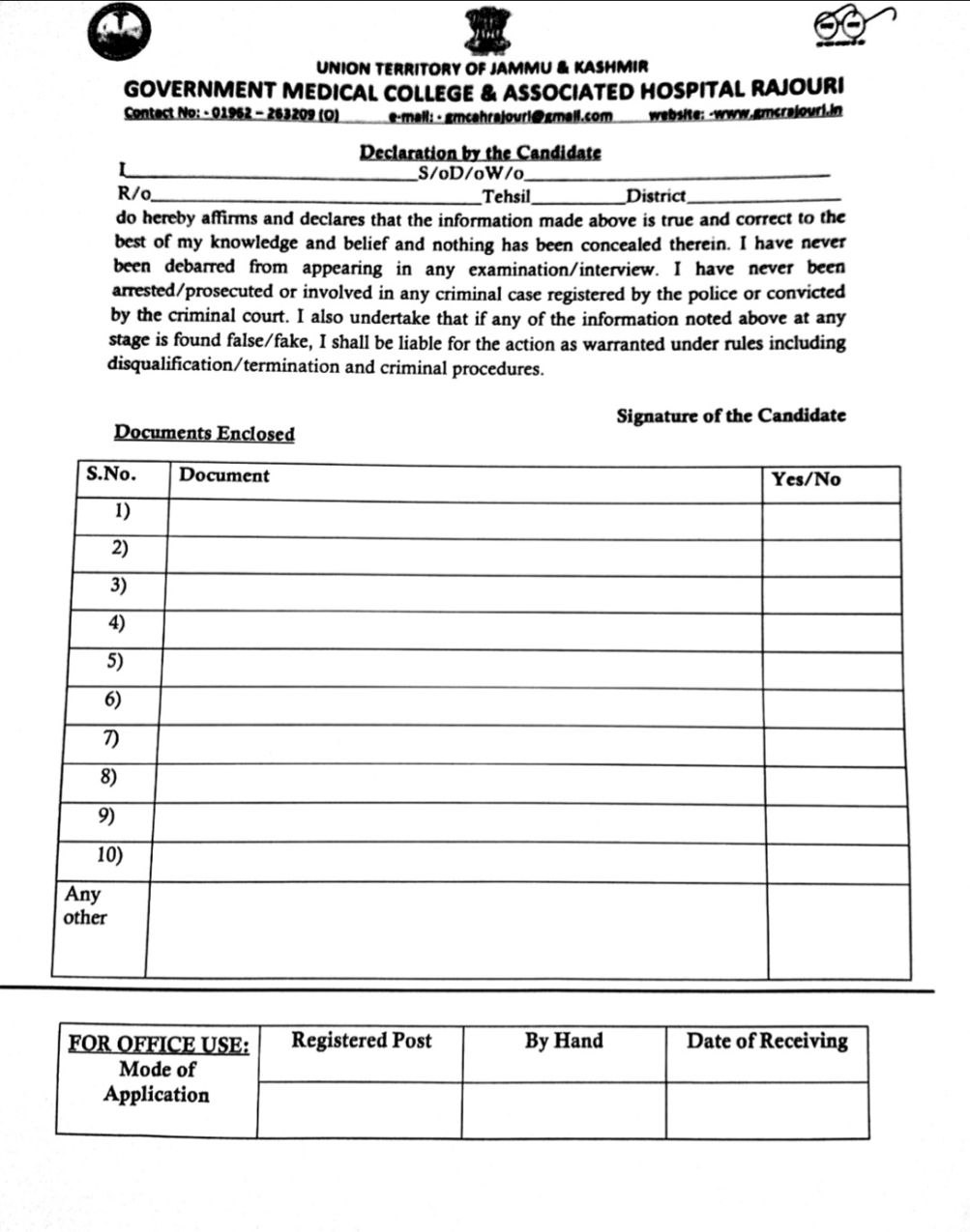 GOVERNMENT MEDICAL COLLEGE AND ASSOCIATED HOSPITAL GMCAH RAJOURI RECRUITMENT ADVT NOTIFICATION NO 66/67 of 2025
