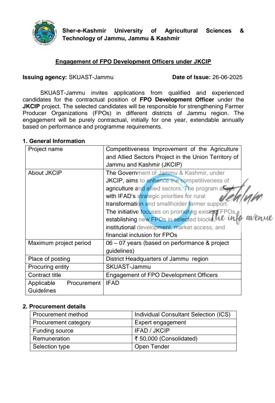 SHER E KASHMIR UNIVERSITY OF AGRICULTURAL SCIENCES AND TECHNOLOGY SKUAST JAMMU FPO RECRUITMENT ADVT NOTIFICATION 2025