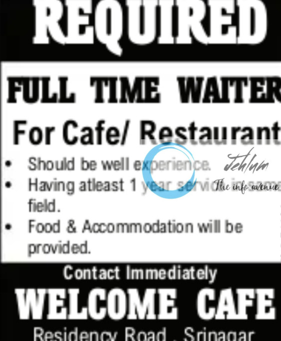 WELCOME CAFE SRINAGAR WAITER JOBS OPENING 2025