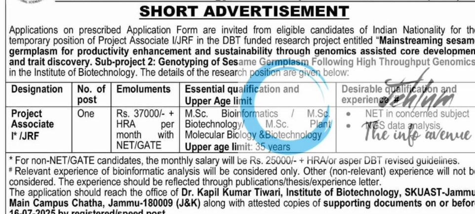 SHER E KASHMIR UNIVERSITY OF AGRICULTURAL SCIENCES AND TECHNOLOGY SKUAST JAMMU JRF RECRUITMENT ADVT NOTIFICATION NO AUJ/IBT/25-26/F-159/739-41