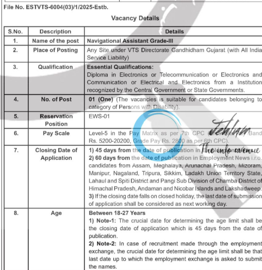 DIRECTORATE OF LIGHTHOUSES AND LIGHTSHIPS DGLL NAVIGATIONAL ASSISTANT RECRUITMENT ADVT NOTIFICATION NO ESTVTS-6004-03/1/2025-Estb