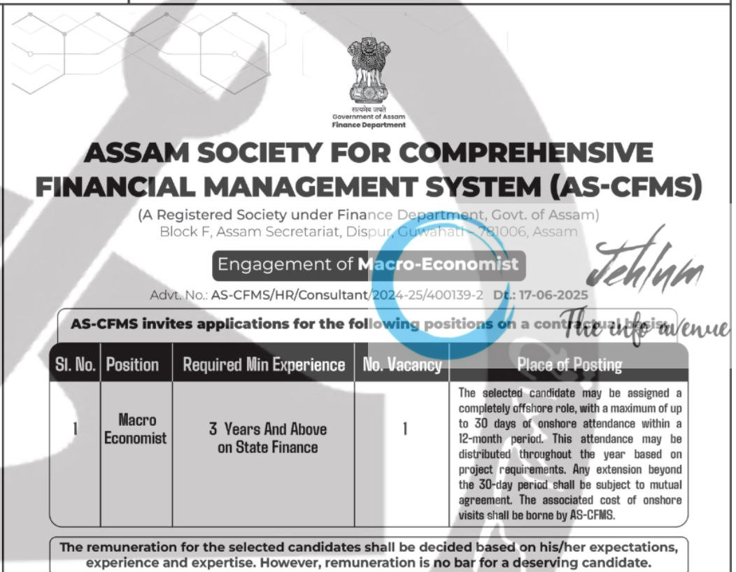ASSAM SOCIETY FOR COMPREHENSIVE FINANCIAL MANAGEMENT SYSTEM RECRUITMENT ADVT NOTIFICATION NO AS-CFMS/HR/Consultant/2024-25/400139-2
