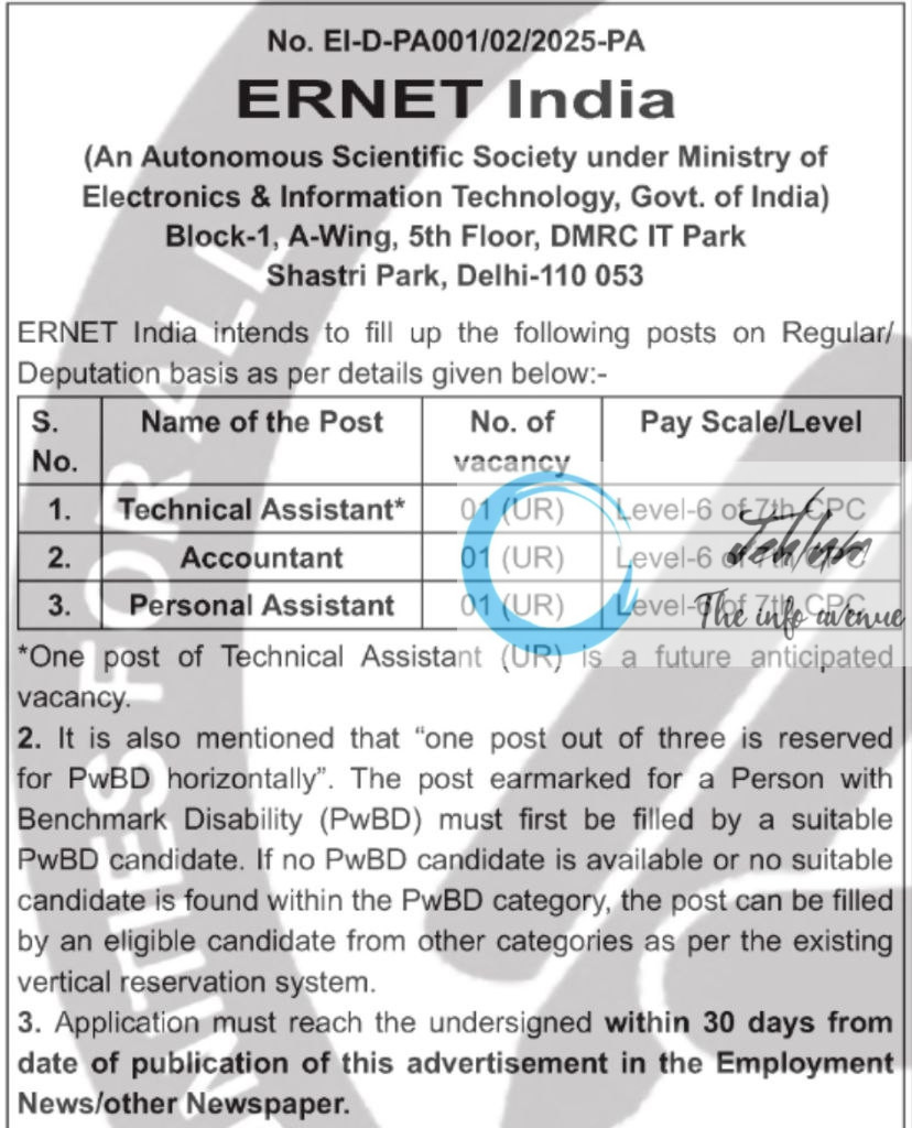 ERNET INDIA RECRUITMENT ADVT NOTIFICATION NO El-D-PA001/02/2025-PA