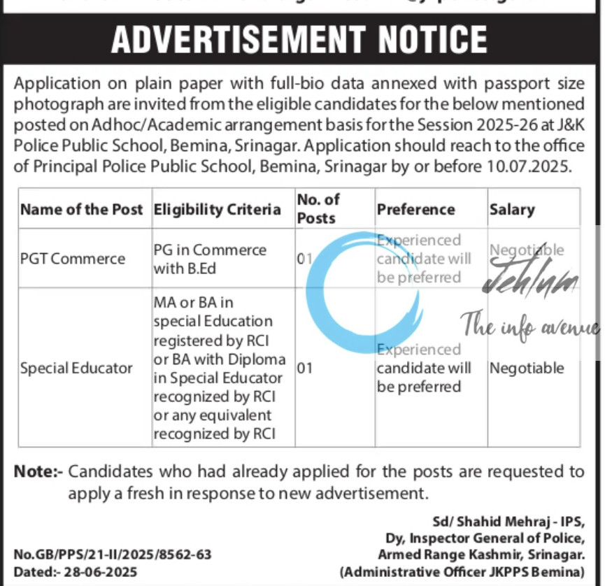 ARMED RANGE POLICE OFFICE KASHMIR SRINAGAR TEACHERS RECRUITMENT ADVT NOTIFICATION NO GB/PPS/21-11/2025/8562-63