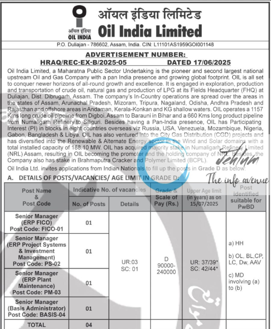 OIL INDIA LIMITED RECRUITMENT ADVT NOTIFICATION NO HRAQ/REC-EX-B/2025-05
