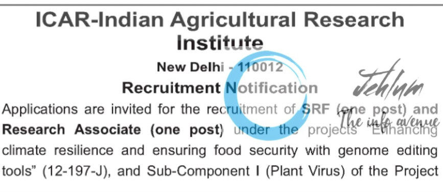 ICAR IARI DIVISION OF PLANT PATHOLOGY RECRUITMENT ADVT NOTIFICATION 2025