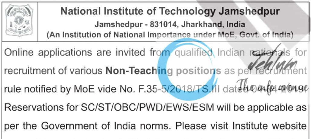 NATIONAL INSTITUTE OF TECHNOLOGY IIT JAMSHEDPUR NON TEACHING POSITION RECRUITMENT ADVT NOTIFICATION NO F.35-5/2018/TSIII