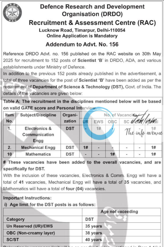 DEFENCE RESEARCH AND DEVELOPMENT ORGANISATION DRDO SCIENTIST RECRUITMENT ADVT NOTIFICATION NO 156