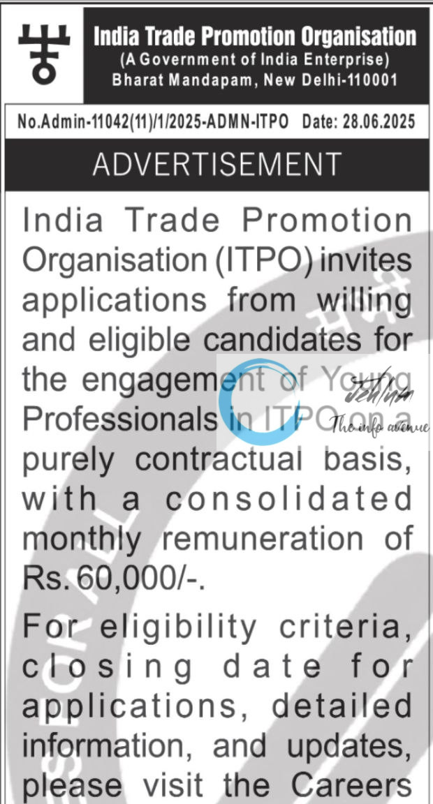 INDIA TRADE PROMOTION ORGANISATION YOUNG PROFESSIONAL RECRUITMENT ADVT NOTIFICATION NO 11042-11/1/2025-ADMN-ITPO