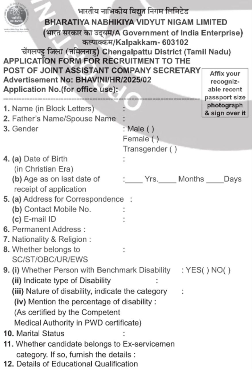 BHARATIYA NABHIKIYA VIDYUT NIGAM LIMITED JOINT ASSISTANT COMPANY SECRETARY RECRUITMENT ADVT NOTIFICATION NO BHAVINI/HR/2025/02