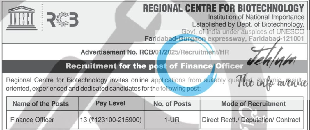 REGIONAL CENTRE FOR BIOTECHNOLOGY FINANCE OFFICER RECRUITMENT ADVT NOTIFICATION NO RCB/01/2025/Recruitment/HR
