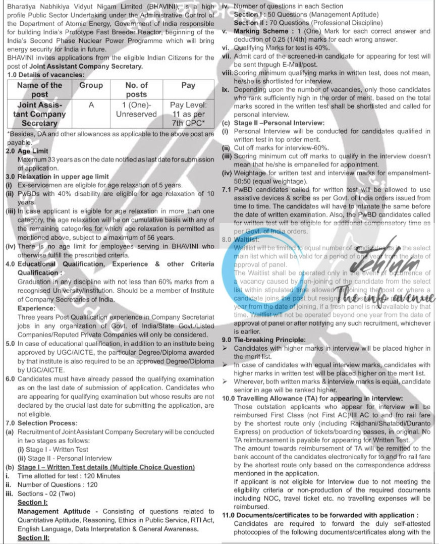 BHARATIYA NABHIKIYA VIDYUT NIGAM LIMITED JOINT ASSISTANT COMPANY SECRETARY RECRUITMENT ADVT NOTIFICATION NO BHAVINI/HR/2025/02
