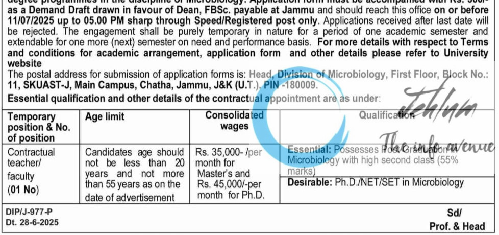 SHER E KASHMIR UNIVERSITY OF AGRICULTURAL SCIENCES AND TECHNOLOGY SKUAST JAMMU FACULTY RECRUITMENT ADVT NOTIFICATION NO 01 of 2025
